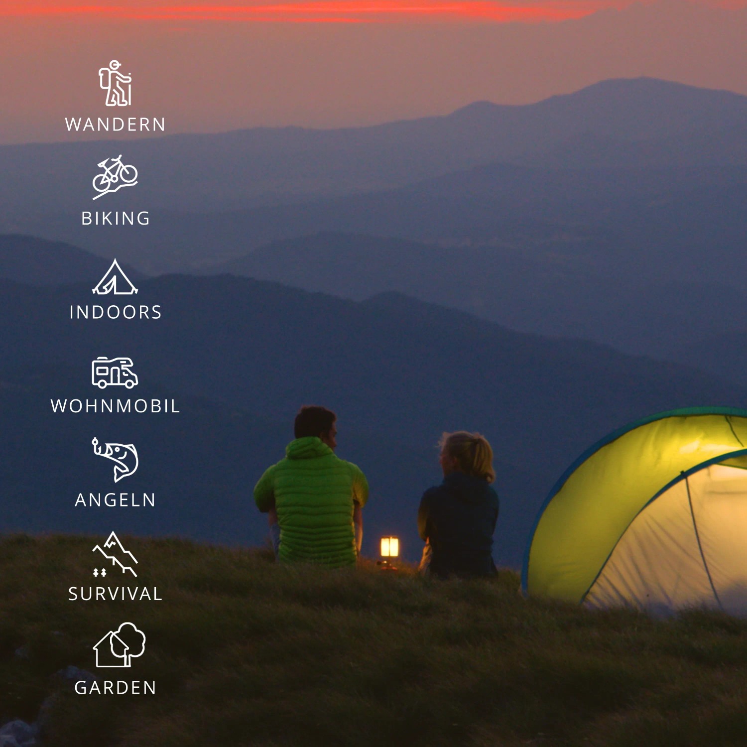 Camping-Szene mit Zelt, Paar und Gaskartusche (als Teil der Ausrüstung) bei Dämmerung.