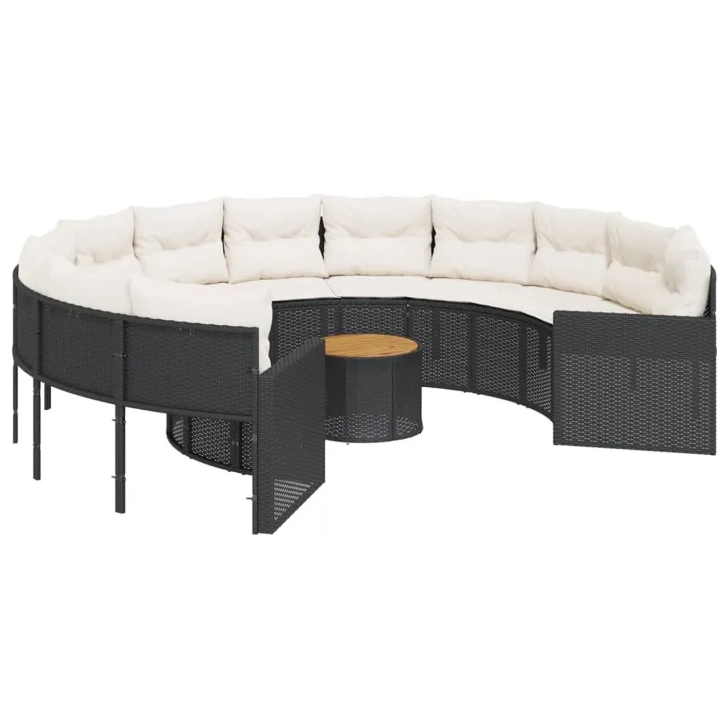 vidaXL Gartensofa mit Tisch und Kissen Rund Schwarz Poly-Rattan 3318539