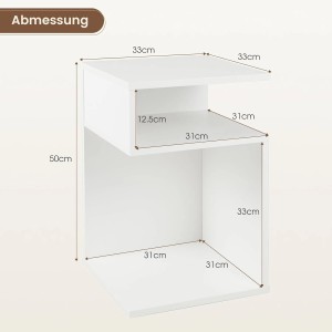 Abmessungen des weißen Costway Beistelltisches: S-förmig, 3 Ebenen, 50x33x33cm. Moderner Sofatisch/Nachttisch.