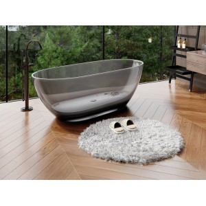 Moderne, freistehende Badewanne Spavo in Grau, 160 cm, oval, aus transluzentem Harz, im Bad.