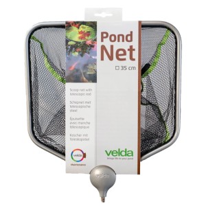 Velda Teich Kescher viereckig, 35 cm, mit schwarzem Netz, grünem Rand und Teleskopstiel für Teichpflege.