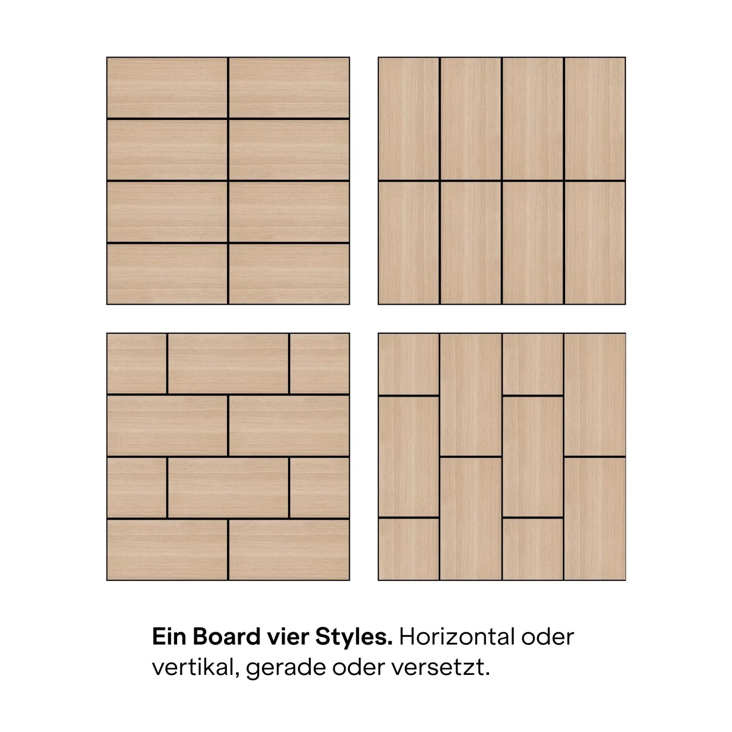 Amadeo Wandpaneel AkustikBoard Eiche Natur: 4 Verlege-Varianten des Holzpaneels.