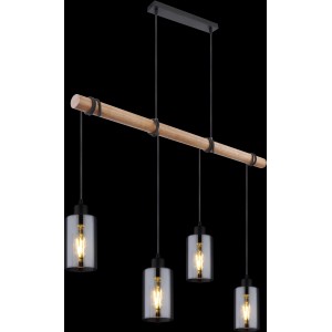 Globo Hängeleuchte Hadera, 4-flammig, schwarz-matt, mit Holz und rauchfarbenen Glasschirmen.