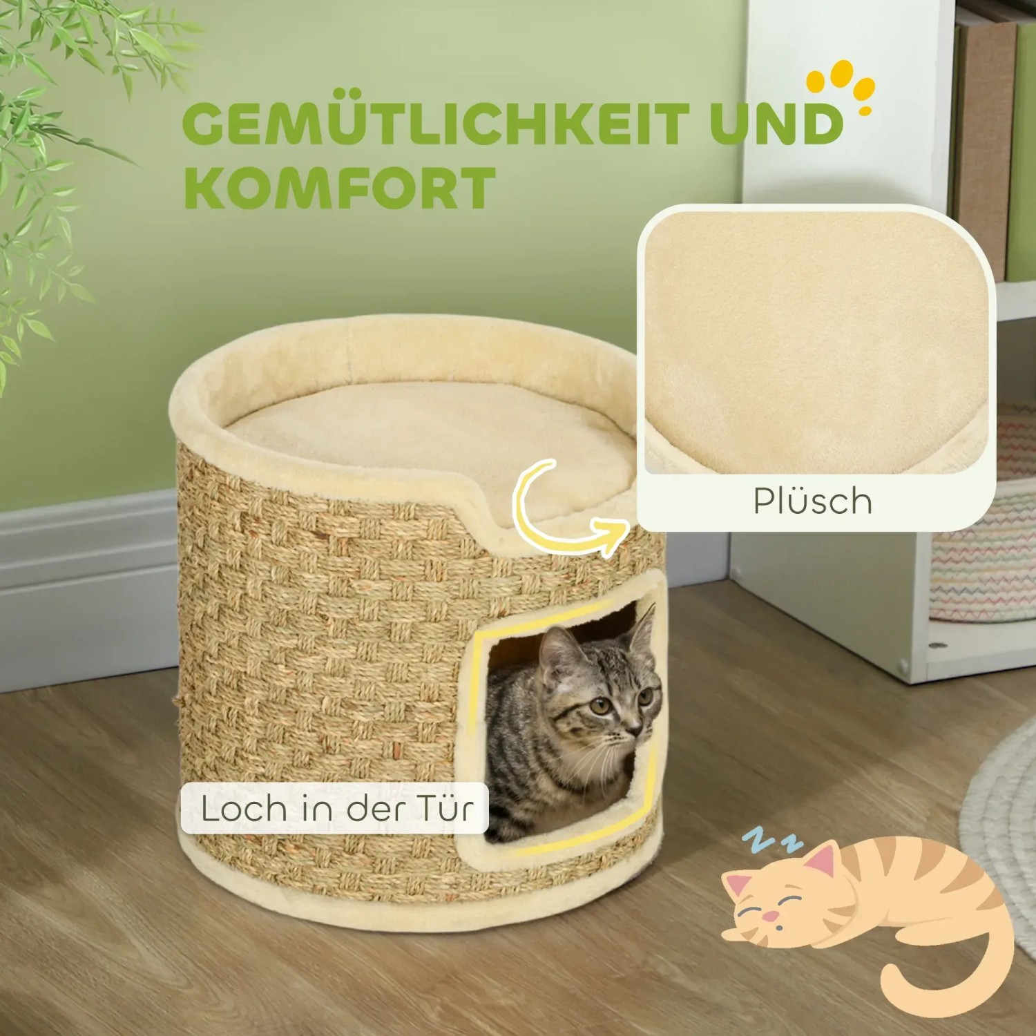 Khaki Kratztonne von PawHut: Kratzbaum mit Liegefläche und Sisal-Kratzfläche. Katze schaut aus der Tür.