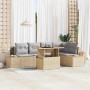 Beiges 6-tlg. vidaXL Garten-Sofa-Set aus Poly Rattan mit Stauraum und Tisch.
