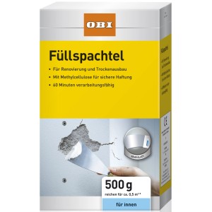 OBI Füllspachtel, 500g Packung. Weißer Wandspachtel zum Ausbessern von Rissen und Löchern im Innenbereich.