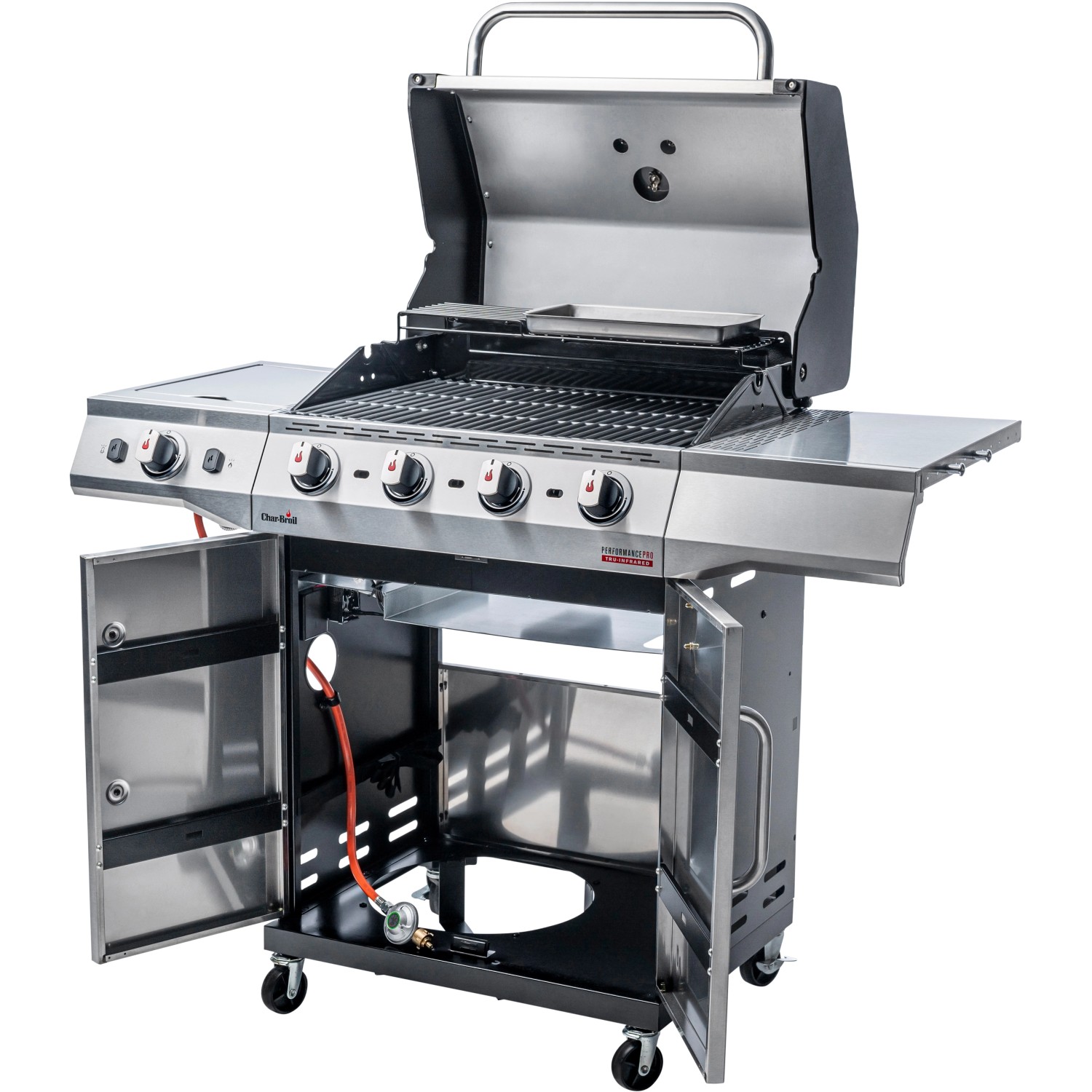 Char-Broil Gasgrill Performance PRO S 4 mit 4 Brennern, Edelstahl, mit offenem Deckel und geöffneten Türen.