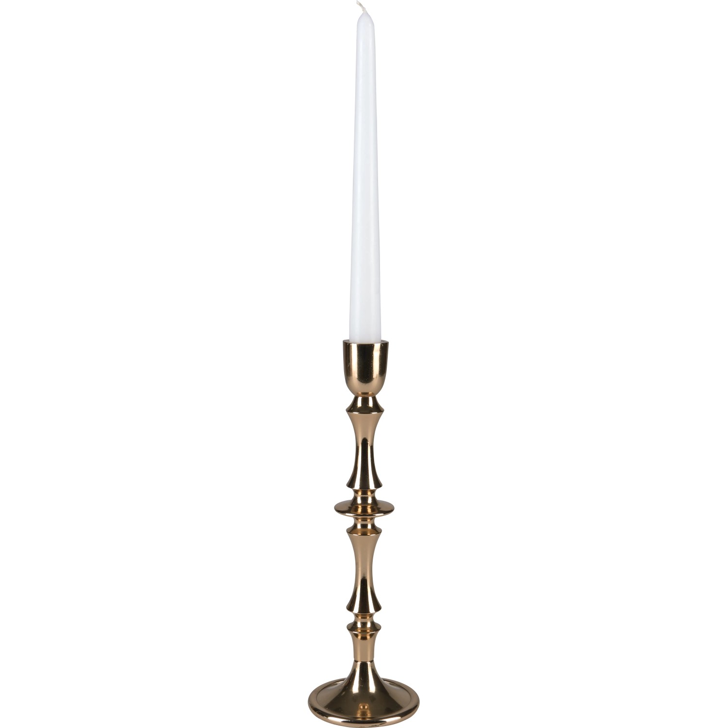 Goldener Kerzenhalter Blush Bordeaux aus Aluminium mit weißer Kerze, Höhe 28,5 cm.