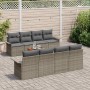 Graues 9-teiliges vidaXL Garten-Sofa-Set aus Poly Rattan mit Tisch und grauen Auflagen.