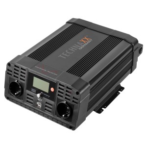 Technaxx Wechselrichter 2000W Sinus TE22 in Schwarz mit 2 Steckdosen und USB-Anschlüssen.