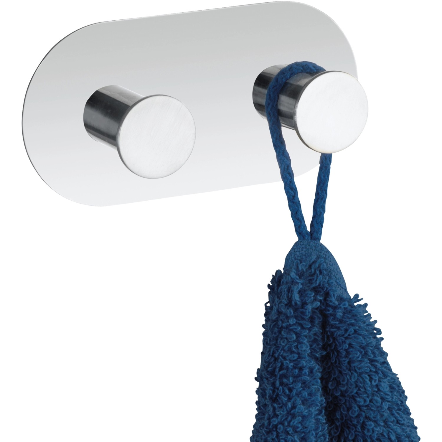 Wenko Wandhaken Cona Duo, Edelstahl glänzend mit blauem Handtuch.