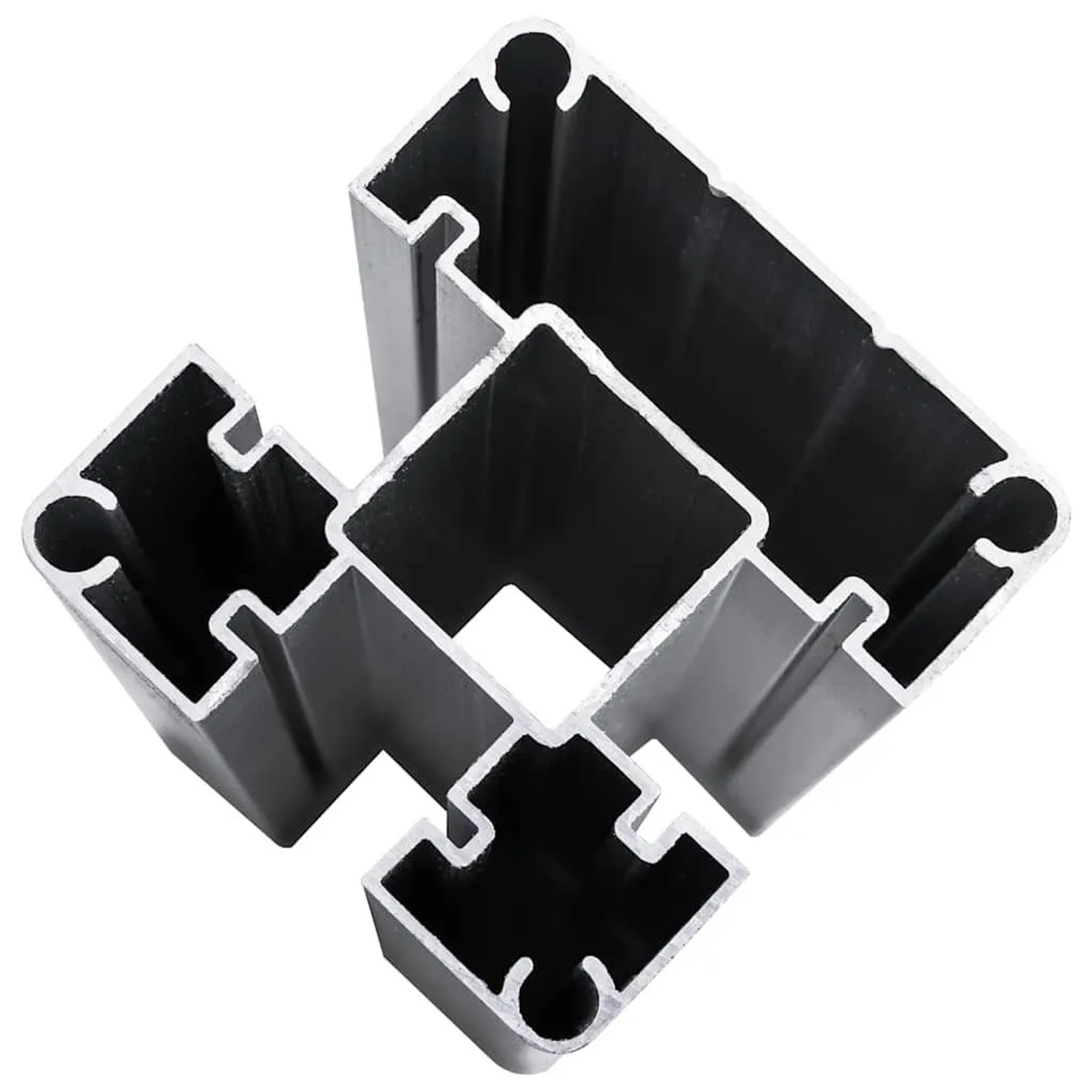 Graue Aluminiumprofile für Zaunelemente, mit verschiedenen Querschnitten und Nuten.