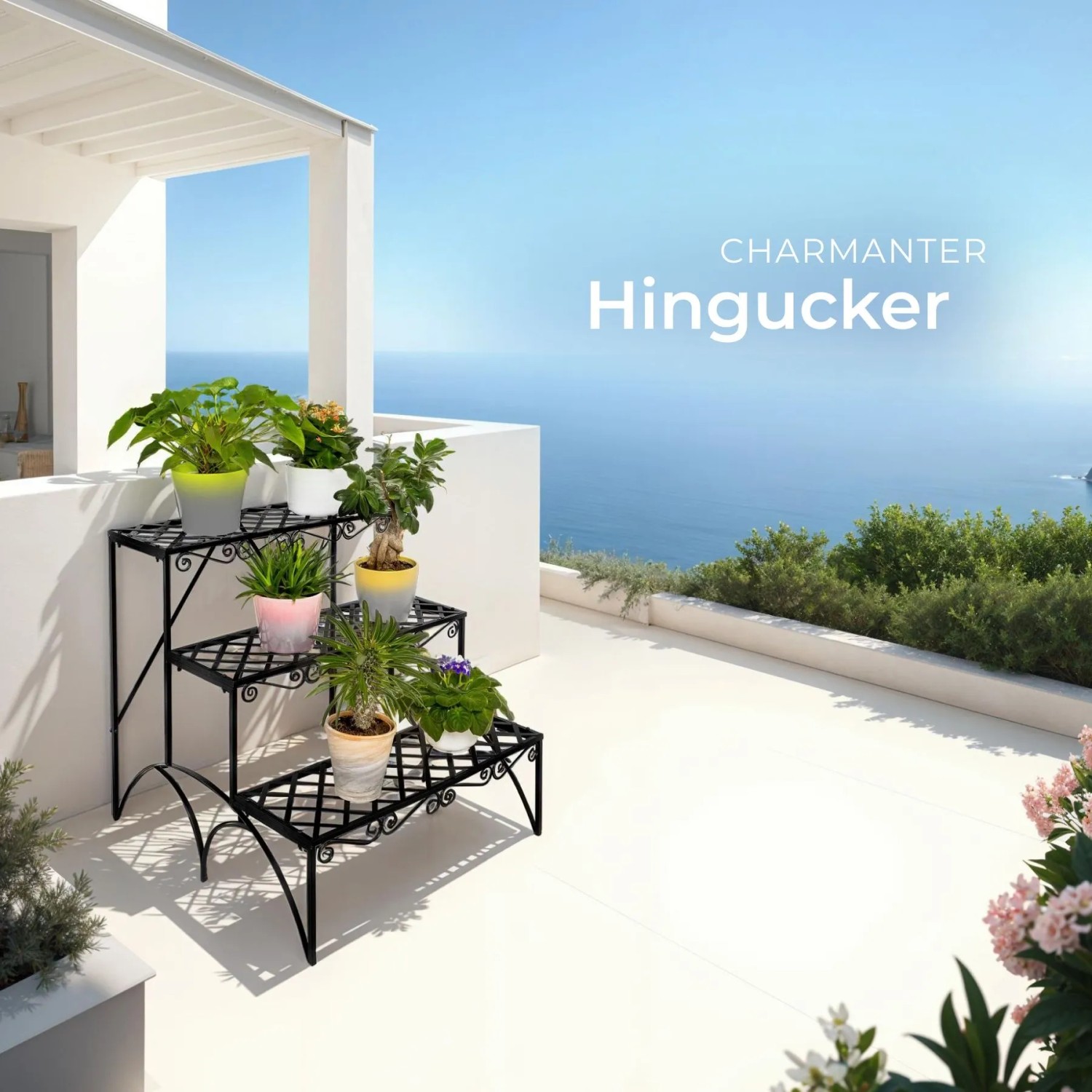 Schwarze Tectake Blumentreppe Michelle mit 3 Stufen und Pflanzen auf einer Terrasse mit Meerblick.