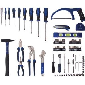 LUX Werkzeugkoffer, 89-teilig, mit Schraubendrehern, Zangen, Hammer, Säge, Wasserwaage und weiterem Werkzeug.