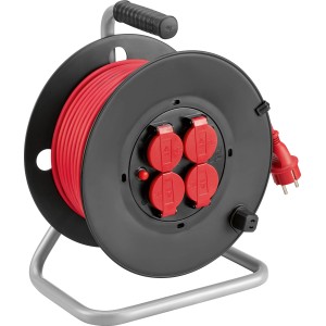 Kabeltrommel 40m für Außenbereich mit 4 roten Schutzkontaktsteckdosen.