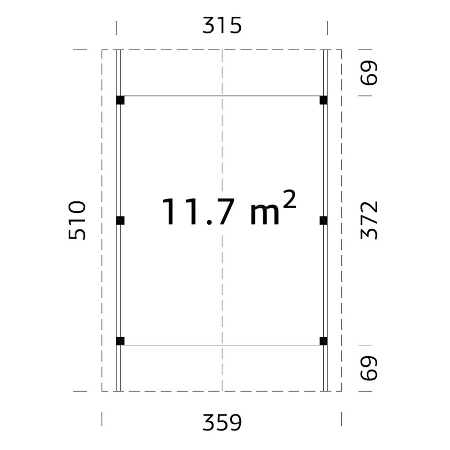 Grundriss Palmako Carport Robert Natur: 315x372 cm, 11,7 m² Fläche. Ideal für PKW-Schutz.