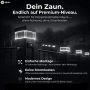 Mehrere Solar Zaunleuchten LED auf einem dunklen Doppelstabmattenzaun, leuchten neutralweiß. Für 60x40mm Pfosten.