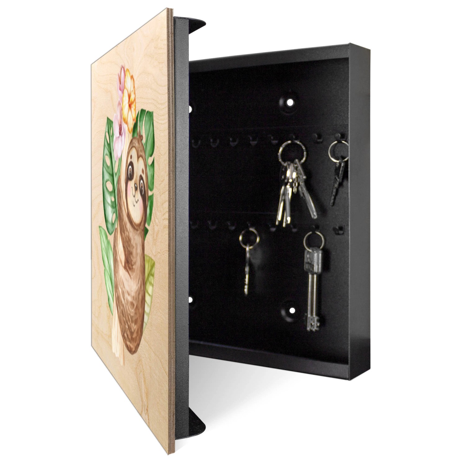 Banjado Schlüsselkasten aus Holz, 30x30cm, Motiv Fröhliches Faultier, 50 Haken zur Schlüsselaufbewahrung.