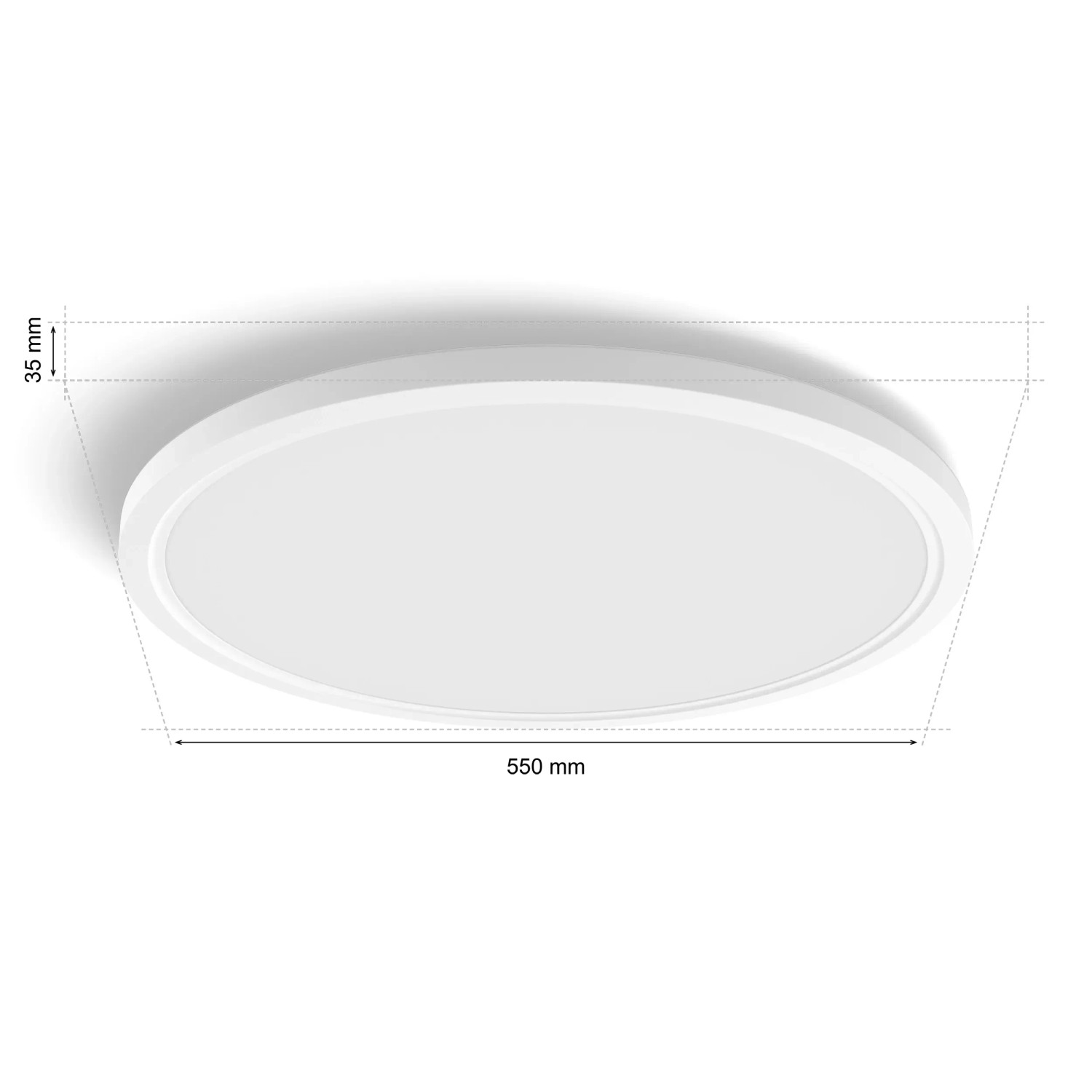 Philips Hue Tento LED-Panel, weiße, runde Deckenleuchte mit Farbfunktion und Maßangaben.