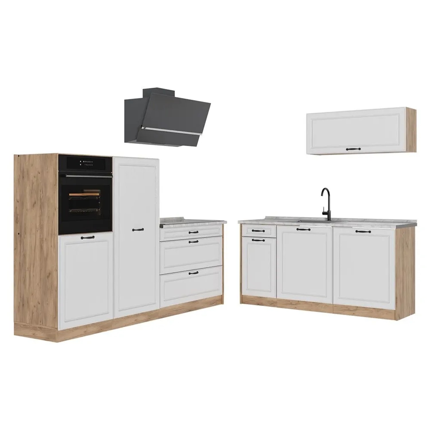 Vicco Küchenzeile R-Line Weiß Landhaus/Goldkraft Eiche 220 x 143 Arbeitsplatte Marmor Art Nr 67856