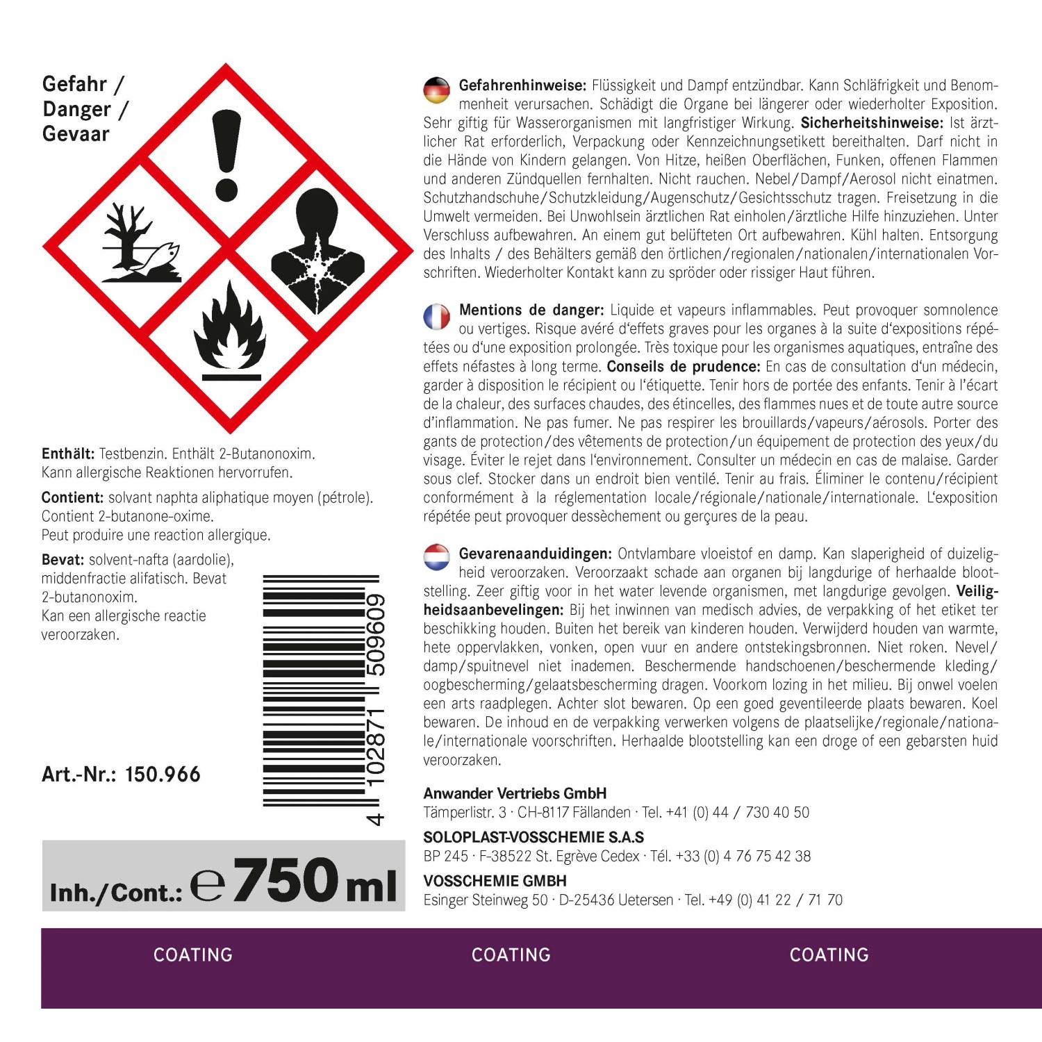 Gefahrzeichen und Warnhinweise auf einem Etikett für chemische Produkte.