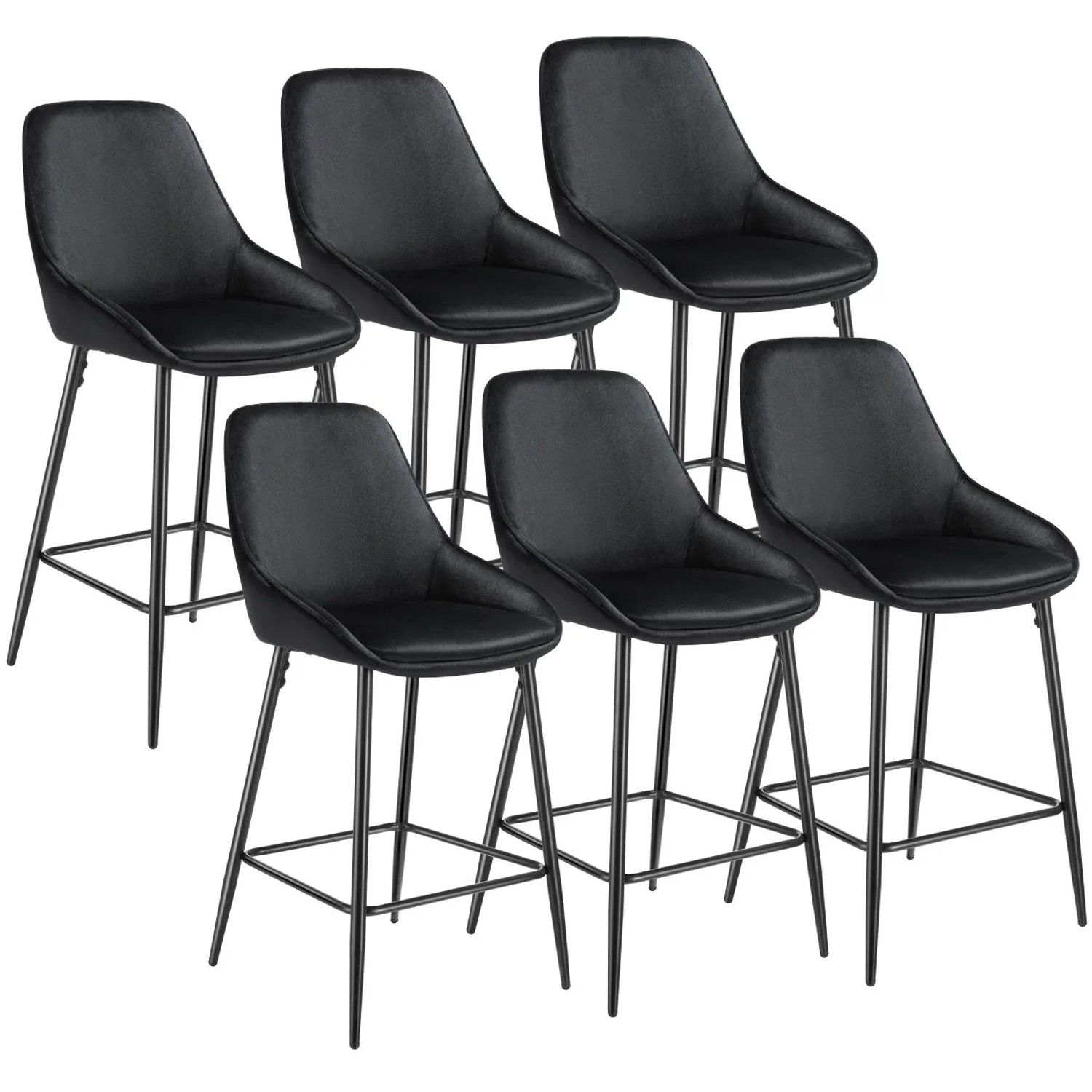 Tectake Thekenstuhl Siera Gepolstert  Weicher Bezug Mit Rückenlehne und Fußstütze 6Er Set 54 x 49 x 100 cm Samtoptik Schwarz Schwarz