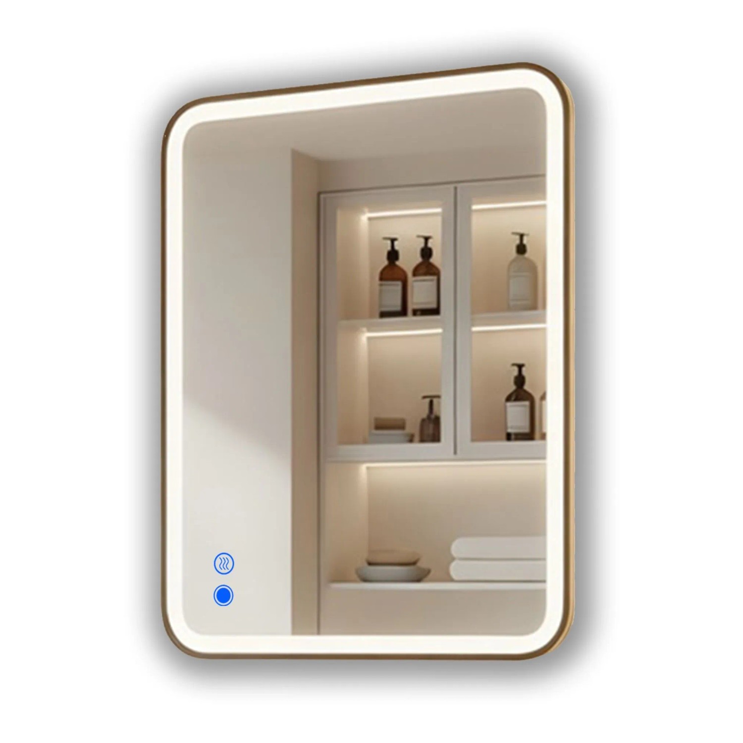 ARTFORMA LED Badspiegel Rechteckig mit Abgerundeten Ecken 80x60 cm mit Beleuchtung Rahmen Gebürstetes Gold Antibeschlag Touch IP44