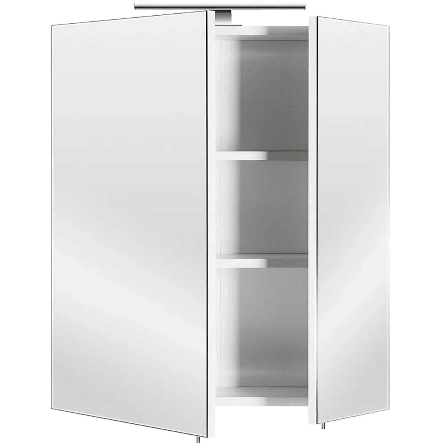 Posseik Spiegelschrank, 60 cm, weiß, mit offenen Türen und zwei Einlegeböden.