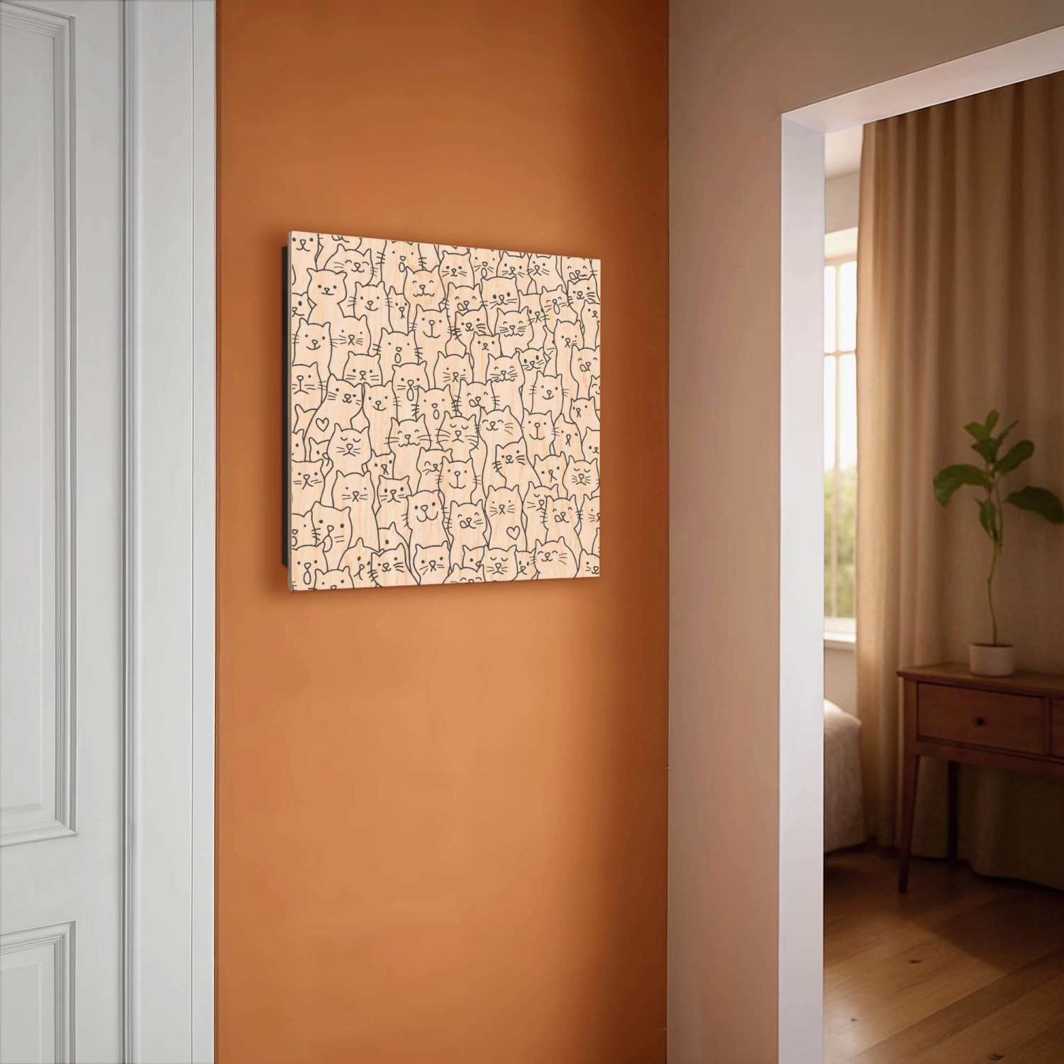 Schwarzer Banjado Schlüsselkasten aus Holz (30x30cm) mit Katzenparade-Motiv und 50 Haken zur Schlüsselaufbewahrung.