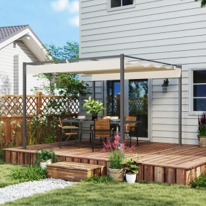 Beige Outsunny Pergola aus Metall mit Polyester-Sonnenschutz im Garten.
