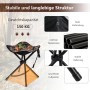 Robuster Camping Dreibeinhocker mit Tarnmuster-Sitz, rostfreiem Metallrahmen, rutschfesten Füßen und 150 kg Tragkraft.