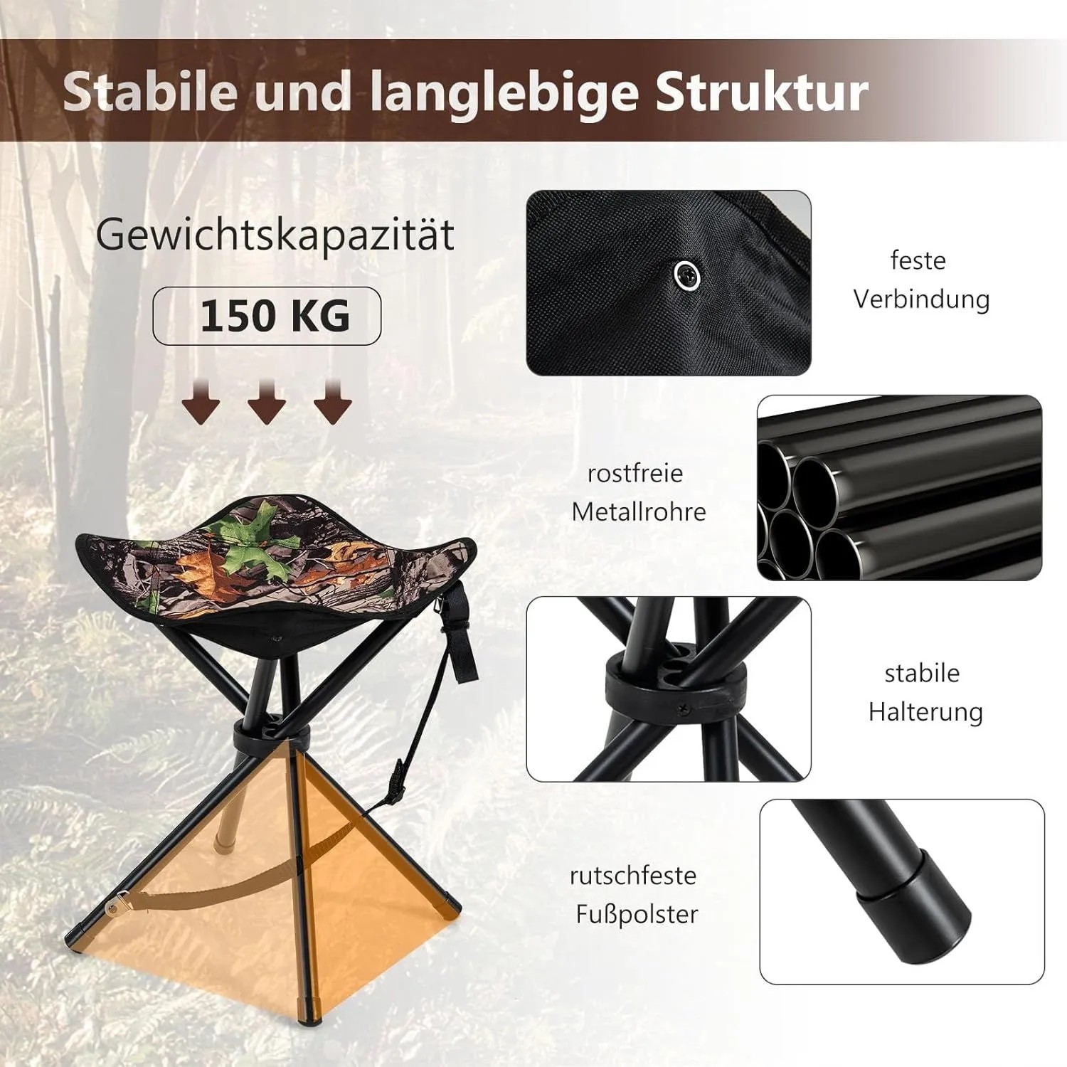 Robuster Camping Dreibeinhocker mit Tarnmuster-Sitz, rostfreiem Metallrahmen, rutschfesten Füßen und 150 kg Tragkraft.