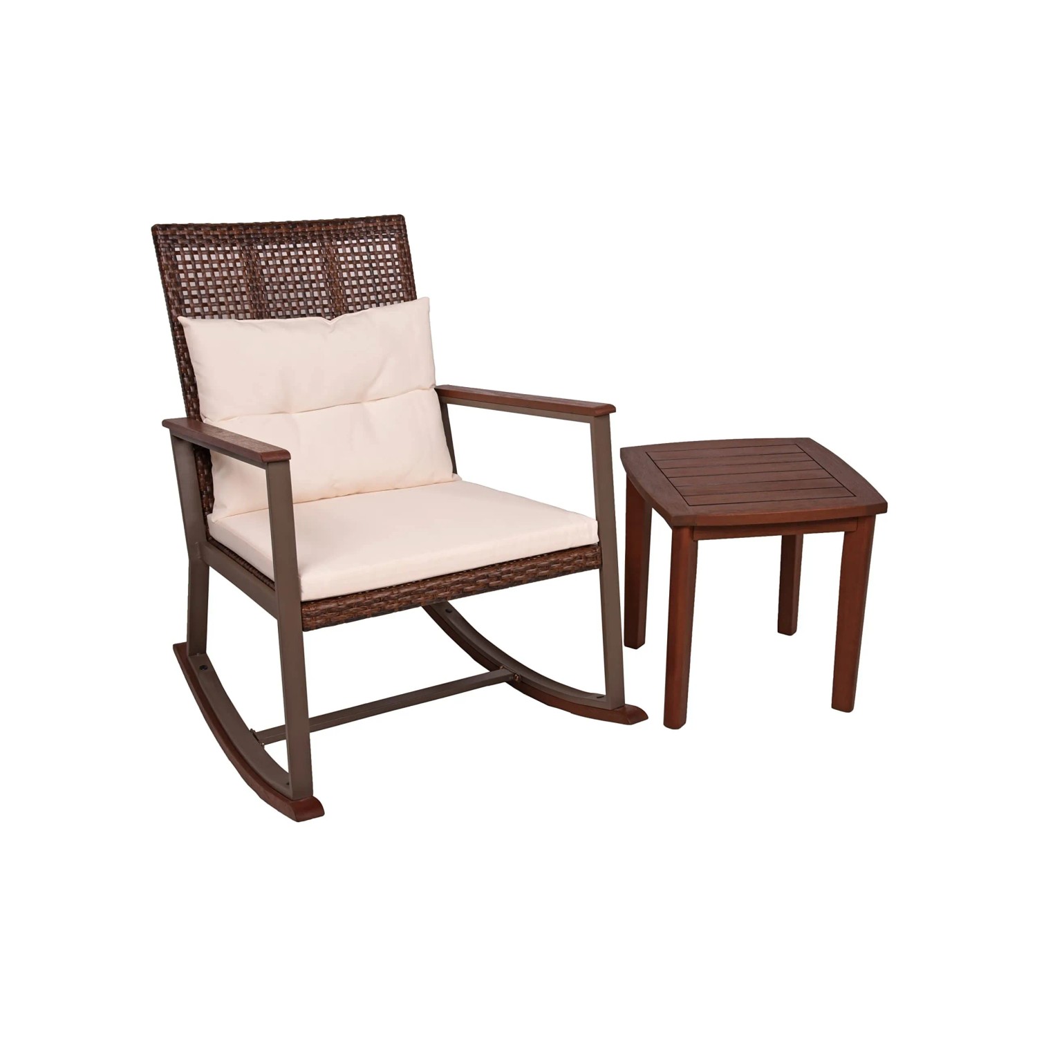 DELUKE Outdoor-Schaukelstuhl MAINZ mit Beistelltisch Dunkelbraun Eukalyptus Gartenstuhl Relaxsessel Garten Balkon Outdoor