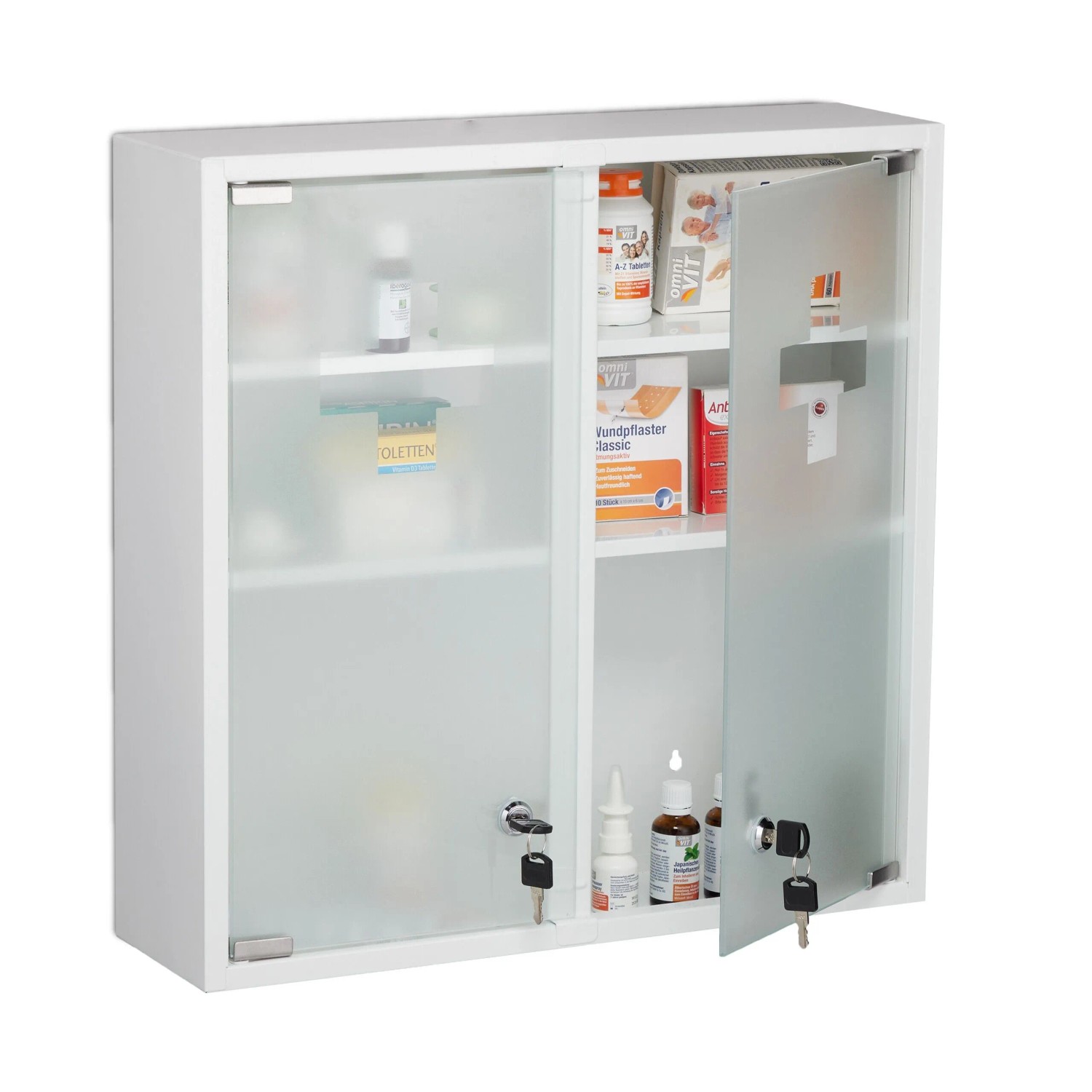 Relaxdays Medizinschrank Doppeltür Stahl Glas Weiß Abschließbar 53 cm x 52,5 cm x 15,5 cm 6,5 kg