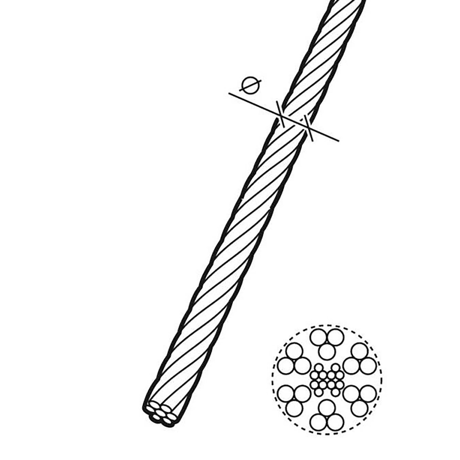 Illustration eines Conacord Bilderseils aus Eisen, 1,5 mm Durchmesser, Detailaufnahme der Seil-Struktur.