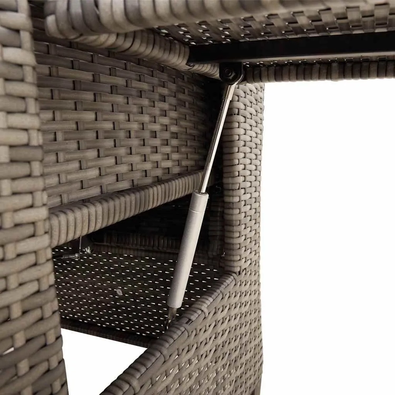 Grauer Poly Rattan Gartensessel: Gasfeder-Mechanismus für den klappbaren Beistelltisch an der Armlehne.