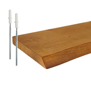 Braunes Relaxdays Wandregal aus Kiefernholz mit Baumkante und Montagematerial.
