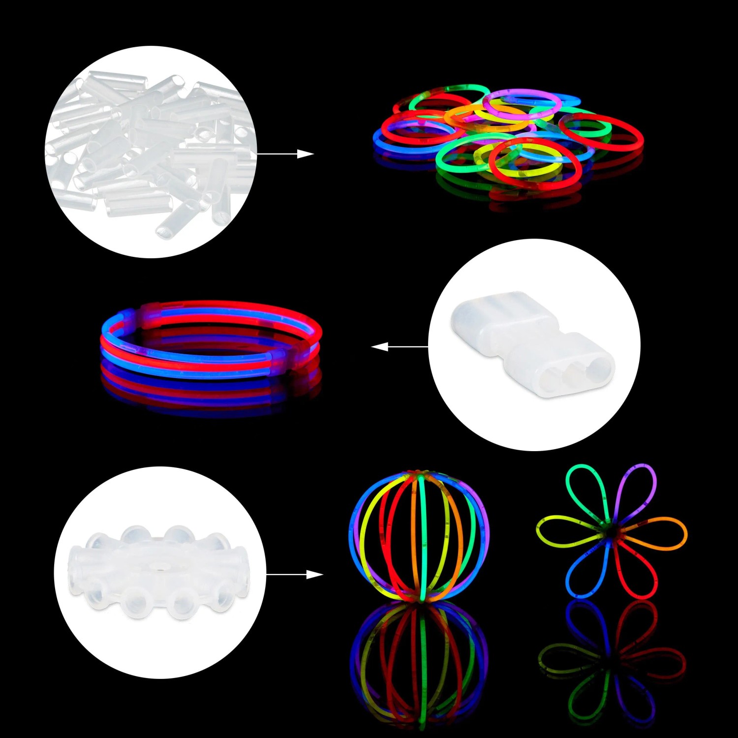 Bunte Knicklichter und Verbinder in verschiedenen Formen, wie Armbänder, Ball und Blume, für Partys und Festivals.