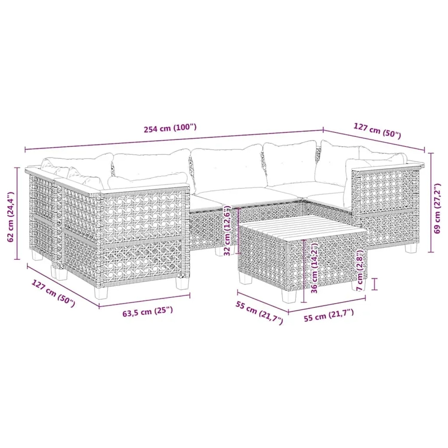 vidaXL 7-tlg. Garten-Sofagarnitur beige Poly Rattan mit Maßen, Detailansicht.