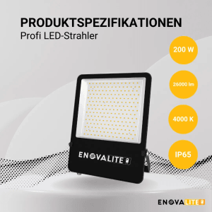 ENOVALITE LED Fluter 200W, 26000 Lumen, neutralweiß, IP65, für Außenbereiche.