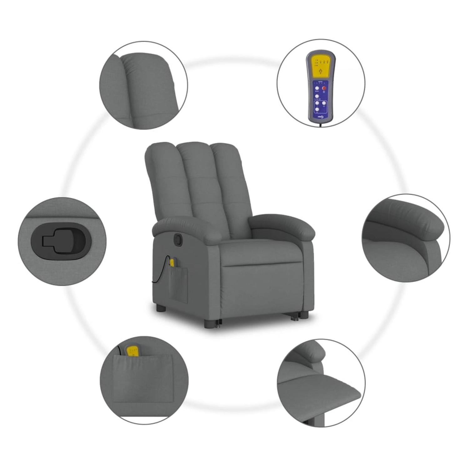 Dunkelgrauer vidaXL Massagesessel mit Aufstehhilfe, Relaxsessel mit Fernbedienung und Vibrationsmassage.