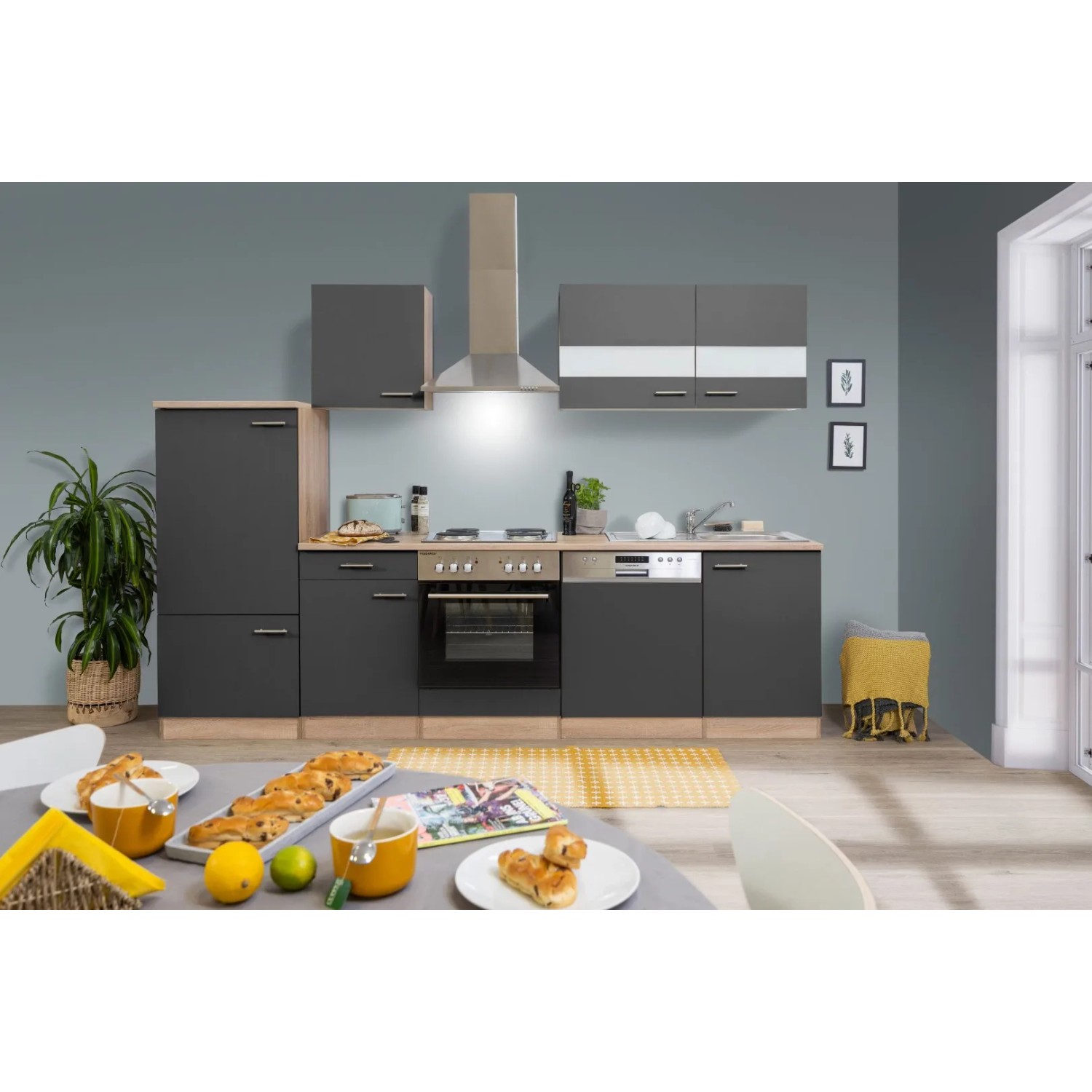 Respekta Küchenzeile KB280ESG 280 cm Grau-Eiche Sägerau Nachbildung