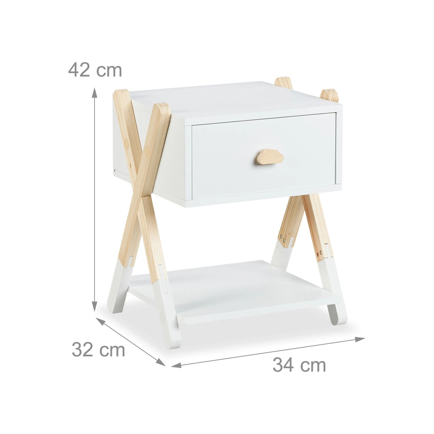 Weißer Kindernachttisch aus MDF/Holz mit Schublade, Wolkengriff und X-Beinen. 42x34x32 cm. Fürs Kinderzimmer.