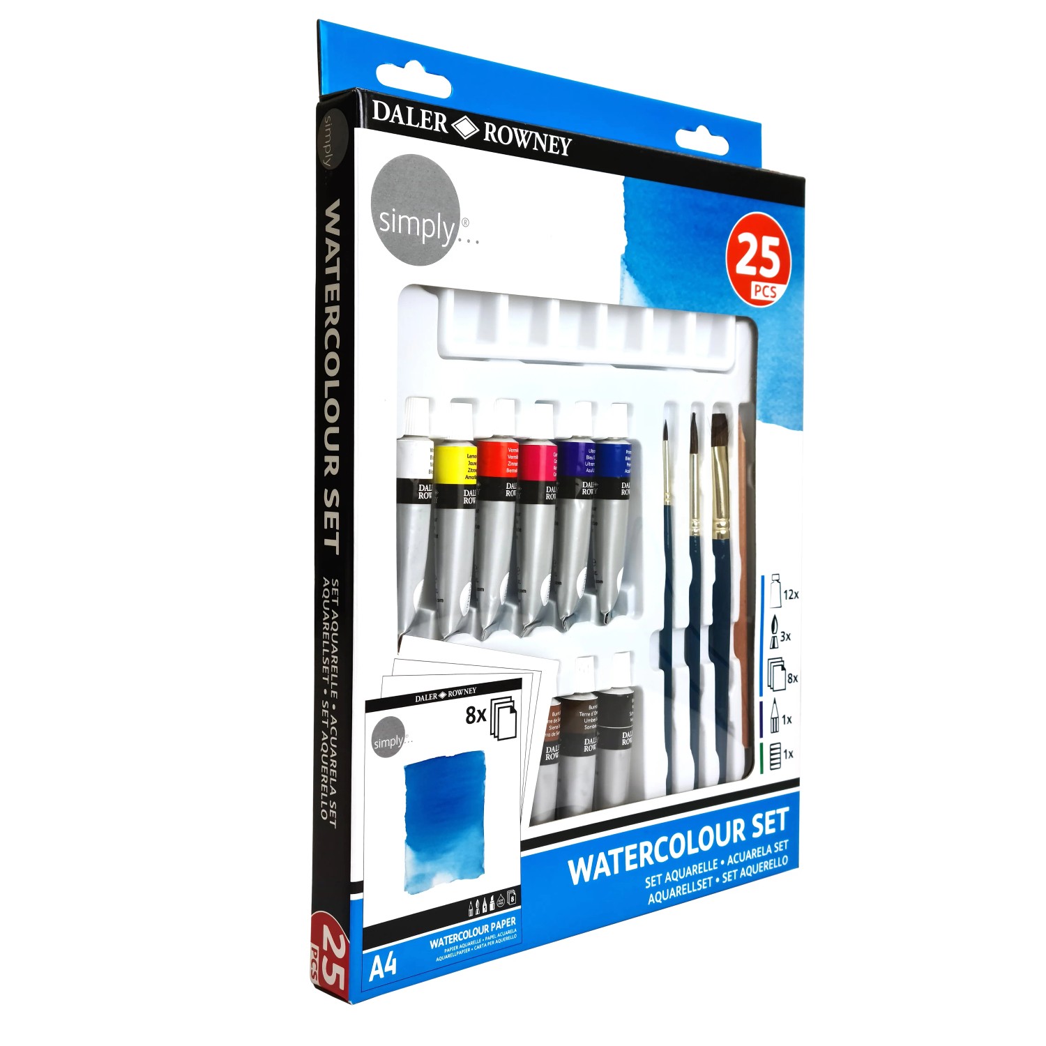 Daler-Rowney Aquarell-Set, 25-teilig mit Farben, Pinsel und Papier.