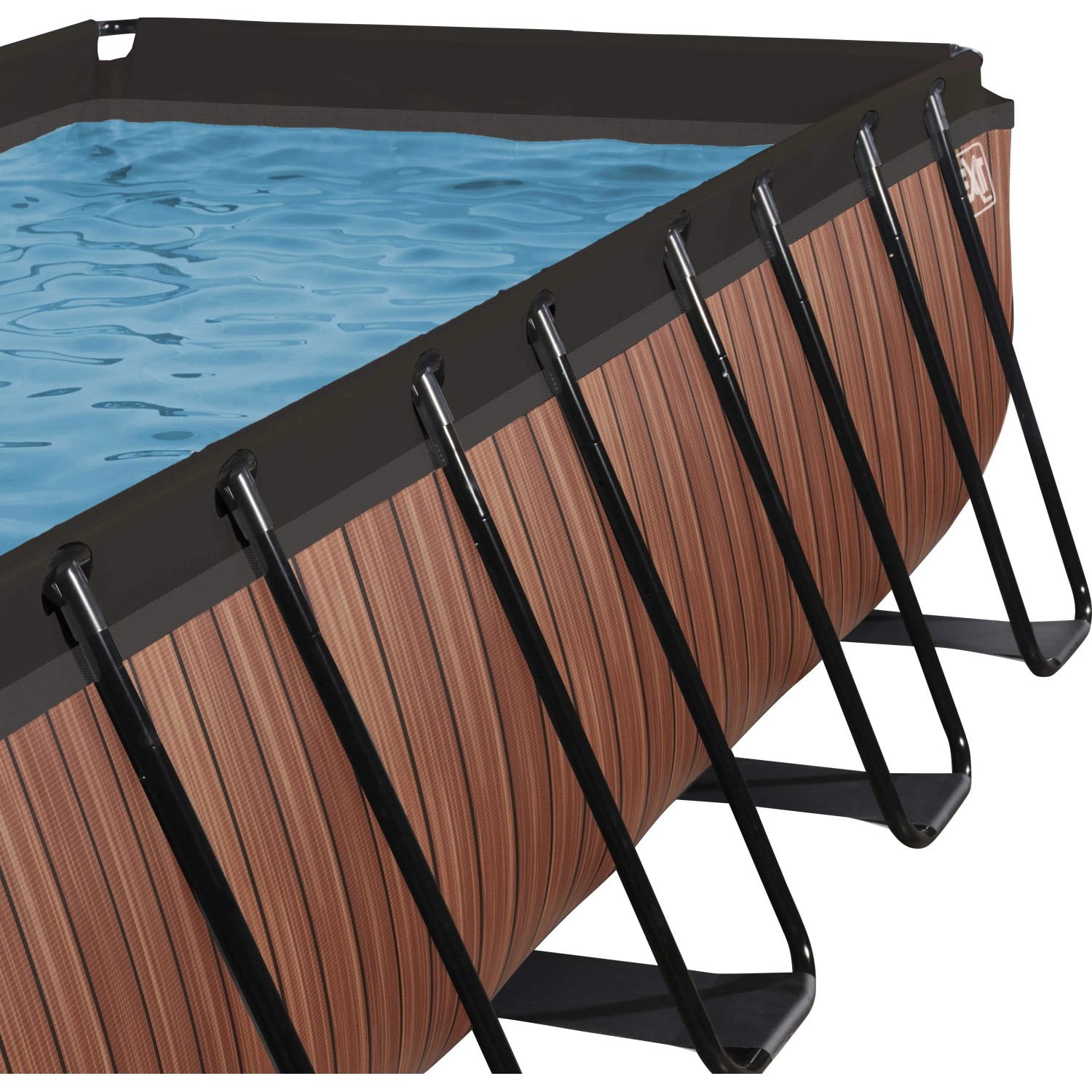 Detailansicht des EXIT Wood Pool 400x200x122 cm mit Holzoptik und Stahlrahmen.