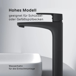 Hohe, schwarze AM.PM Waschtischarmatur für Aufsatzwaschbecken. Badarmatur mit Einhebelmischer.