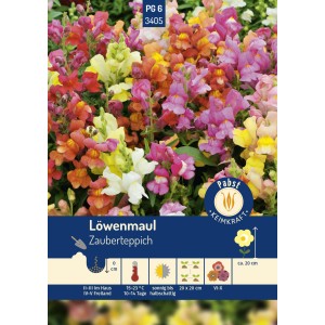 Pabst Löwenmaul Zauberteppich Saatgut mit bunten Blüten auf der Verpackung.