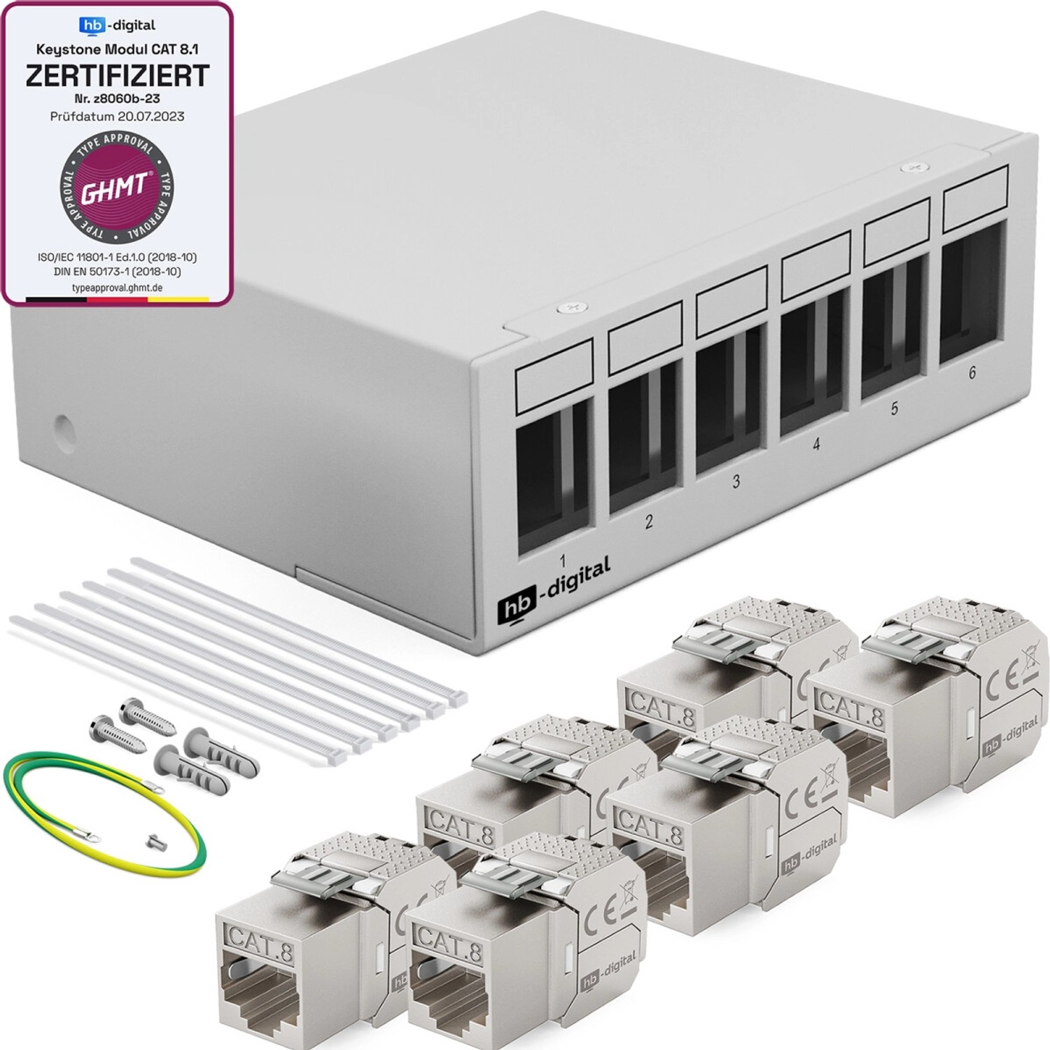 hb-digital Patchfeld 6 Port mit 6x Keystone Module Cat 8 Hellgrau