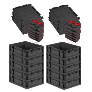 PROREGAL SuperSparSet: 10 schwarze Euroboxen mit Deckel und roten Verschlüssen, 11 Liter.