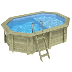 ALTANKA Holzpool Nemo 4,3x3 Höhe 1,18 m HELLBLAU mit Liegefläche mit am Beton Verschraubten Stützen BAS7302OSPL+PLA302